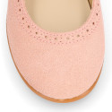 Suede leather ceremony Girl Mary Jane shoes in pastel colors.