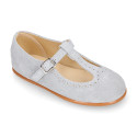 Suede leather T-Bar Girl Mary Jane shoes for ceremony in pastel colors.