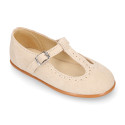 Suede leather T-Bar Girl Mary Jane shoes for ceremony in pastel colors.