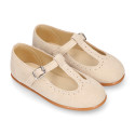 Suede leather T-Bar Girl Mary Jane shoes for ceremony in pastel colors.