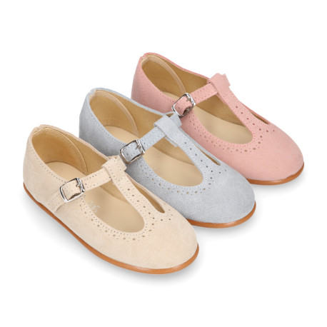 Suede leather T-Bar Girl Mary Jane shoes for ceremony in pastel colors.