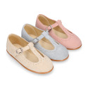 Suede leather T-Bar Girl Mary Jane shoes for ceremony in pastel colors.