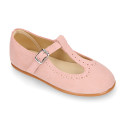 Suede leather T-Bar Girl Mary Jane shoes for ceremony in pastel colors.