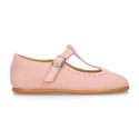 Suede leather T-Bar Girl Mary Jane shoes for ceremony in pastel colors.