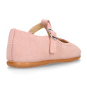 Suede leather T-Bar Girl Mary Jane shoes for ceremony in pastel colors.