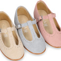 Suede leather T-Bar Girl Mary Jane shoes for ceremony in pastel colors.