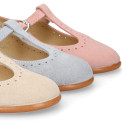 Suede leather T-Bar Girl Mary Jane shoes for ceremony in pastel colors.