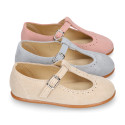 Suede leather T-Bar Girl Mary Jane shoes for ceremony in pastel colors.