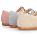 Suede leather T-Bar Girl Mary Jane shoes for ceremony in pastel colors.