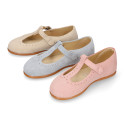 Suede leather T-Bar Girl Mary Jane shoes for ceremony in pastel colors.