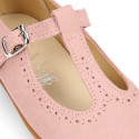 Suede leather T-Bar Girl Mary Jane shoes for ceremony in pastel colors.