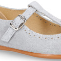 Suede leather T-Bar Girl Mary Jane shoes for ceremony in pastel colors.