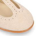 Suede leather T-Bar Girl Mary Jane shoes for ceremony in pastel colors.