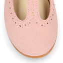 Suede leather T-Bar Girl Mary Jane shoes for ceremony in pastel colors.