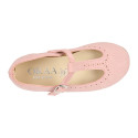 Suede leather T-Bar Girl Mary Jane shoes for ceremony in pastel colors.
