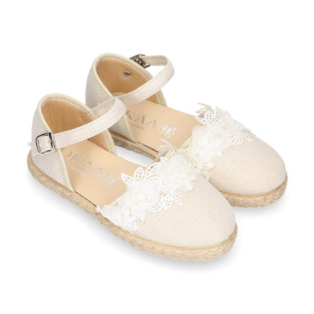 Ivory Linen canvas girl espadrille shoes for CEREMONIES with flower design.