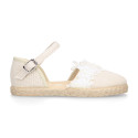 Ivory Linen canvas girl espadrille shoes for CEREMONIES with flower design.