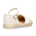 Ivory Linen canvas girl espadrille shoes for CEREMONIES with flower design.