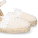 Ivory Linen canvas girl espadrille shoes for CEREMONIES with flower design.