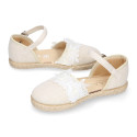 Ivory Linen canvas girl espadrille shoes for CEREMONIES with flower design.