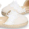 Ivory Linen canvas girl espadrille shoes for CEREMONIES with flower design.