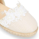 Ivory Linen canvas girl espadrille shoes for CEREMONIES with flower design.