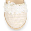 Ivory Linen canvas girl espadrille shoes for CEREMONIES with flower design.