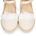 Ivory Linen canvas girl espadrille shoes for CEREMONIES with flower design.