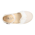 Ivory Linen canvas girl espadrille shoes for CEREMONIES with flower design.