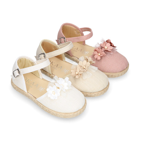 Linen canvas girl espadrille shoes for ceremony with flower and pearls design.