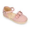 Linen canvas girl espadrille shoes for ceremony with flower and pearls design.