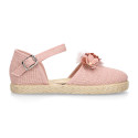 Linen canvas girl espadrille shoes for ceremony with flower and pearls design.