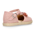 Linen canvas girl espadrille shoes for ceremony with flower and pearls design.