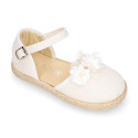 Linen canvas girl espadrille shoes for ceremony with flower and pearls design.