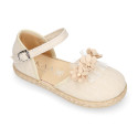 Linen canvas girl espadrille shoes for ceremony with flower and pearls design.