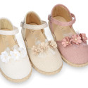 Linen canvas girl espadrille shoes for ceremony with flower and pearls design.