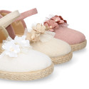 Linen canvas girl espadrille shoes for ceremony with flower and pearls design.