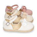 Linen canvas girl espadrille shoes for ceremony with flower and pearls design.