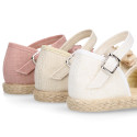 Linen canvas girl espadrille shoes for ceremony with flower and pearls design.