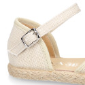 Linen canvas girl espadrille shoes for ceremony with flower and pearls design.