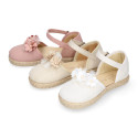 Linen canvas girl espadrille shoes for ceremony with flower and pearls design.