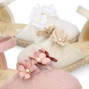 Linen canvas girl espadrille shoes for ceremony with flower and pearls design.