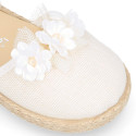 Linen canvas girl espadrille shoes for ceremony with flower and pearls design.