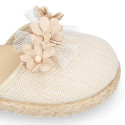 Linen canvas girl espadrille shoes for ceremony with flower and pearls design.