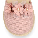 Linen canvas girl espadrille shoes for ceremony with flower and pearls design.