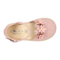 Linen canvas girl espadrille shoes for ceremony with flower and pearls design.