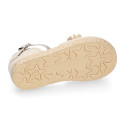 Linen canvas girl espadrille shoes for ceremony with flower and pearls design.