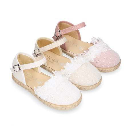 Plumeti linen canvas girl espadrille shoes for ceremony with flower design.