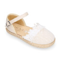 Plumeti linen canvas girl espadrille shoes for ceremony with flower design.