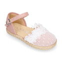 Plumeti linen canvas girl espadrille shoes for ceremony with flower design.